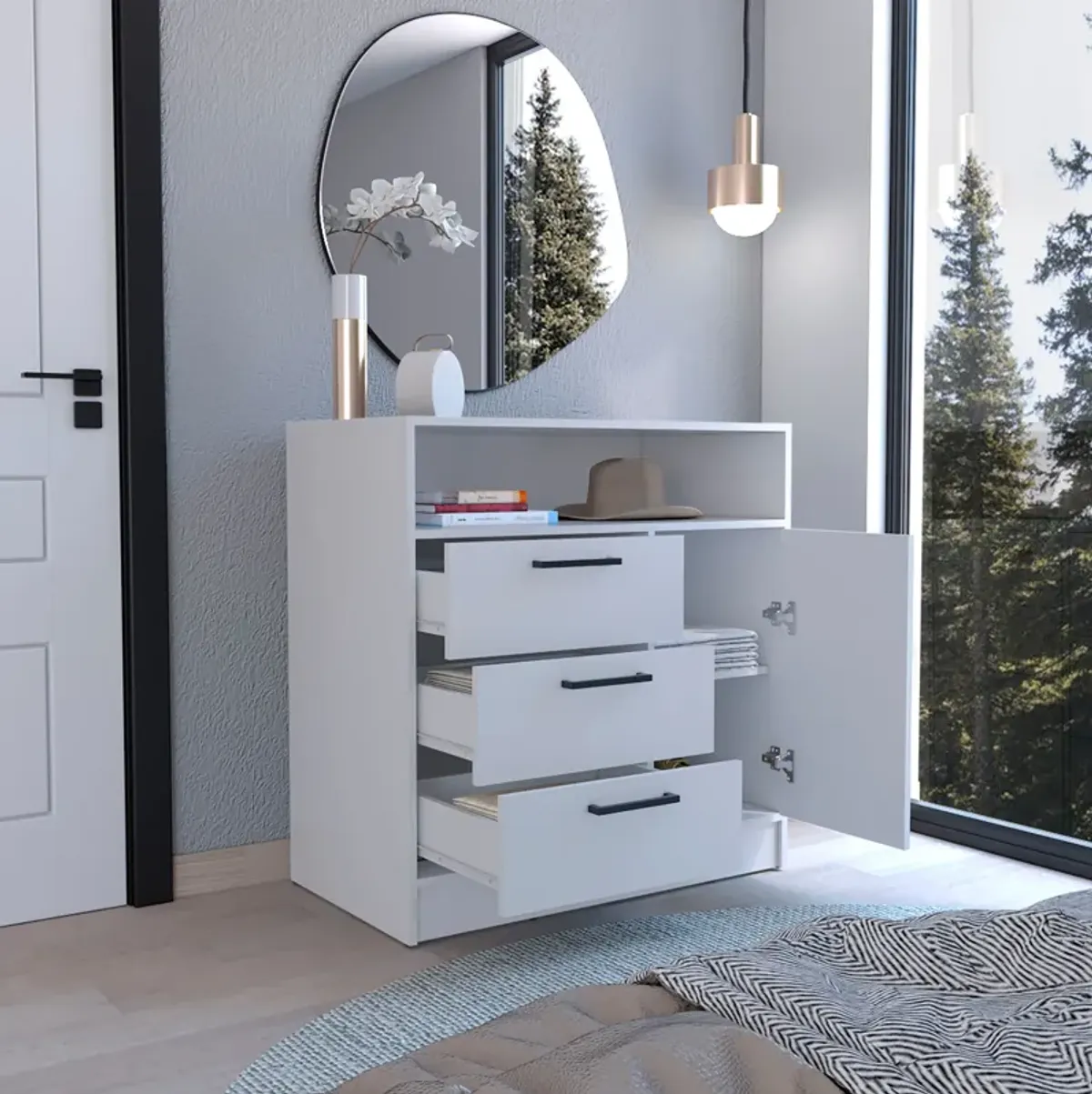 Omaha Dresser Multi-Storage Compact Unit with Spacious 3 Drawers and Cabinet-White