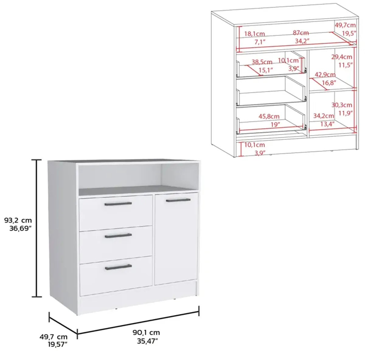 Omaha Dresser Multi-Storage Compact Unit with Spacious 3 Drawers and Cabinet-White