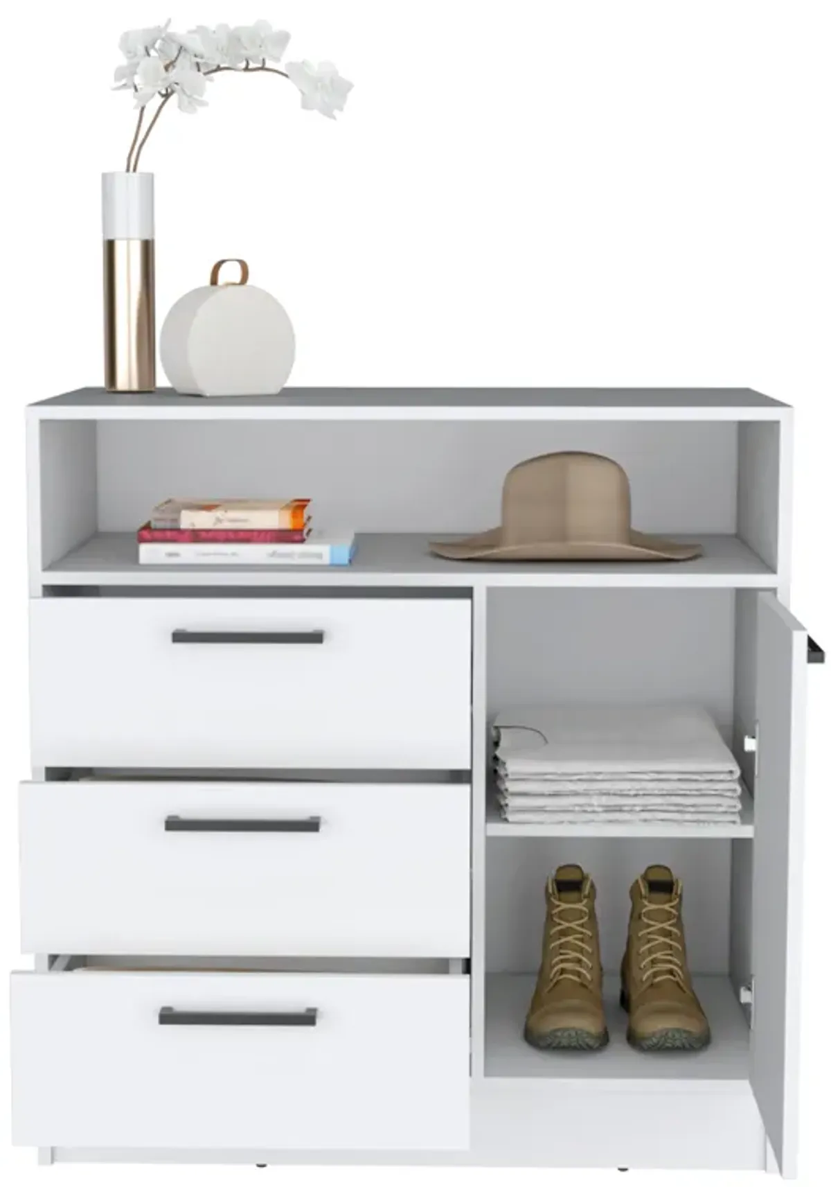 Omaha Dresser Multi-Storage Compact Unit with Spacious 3 Drawers and Cabinet-White