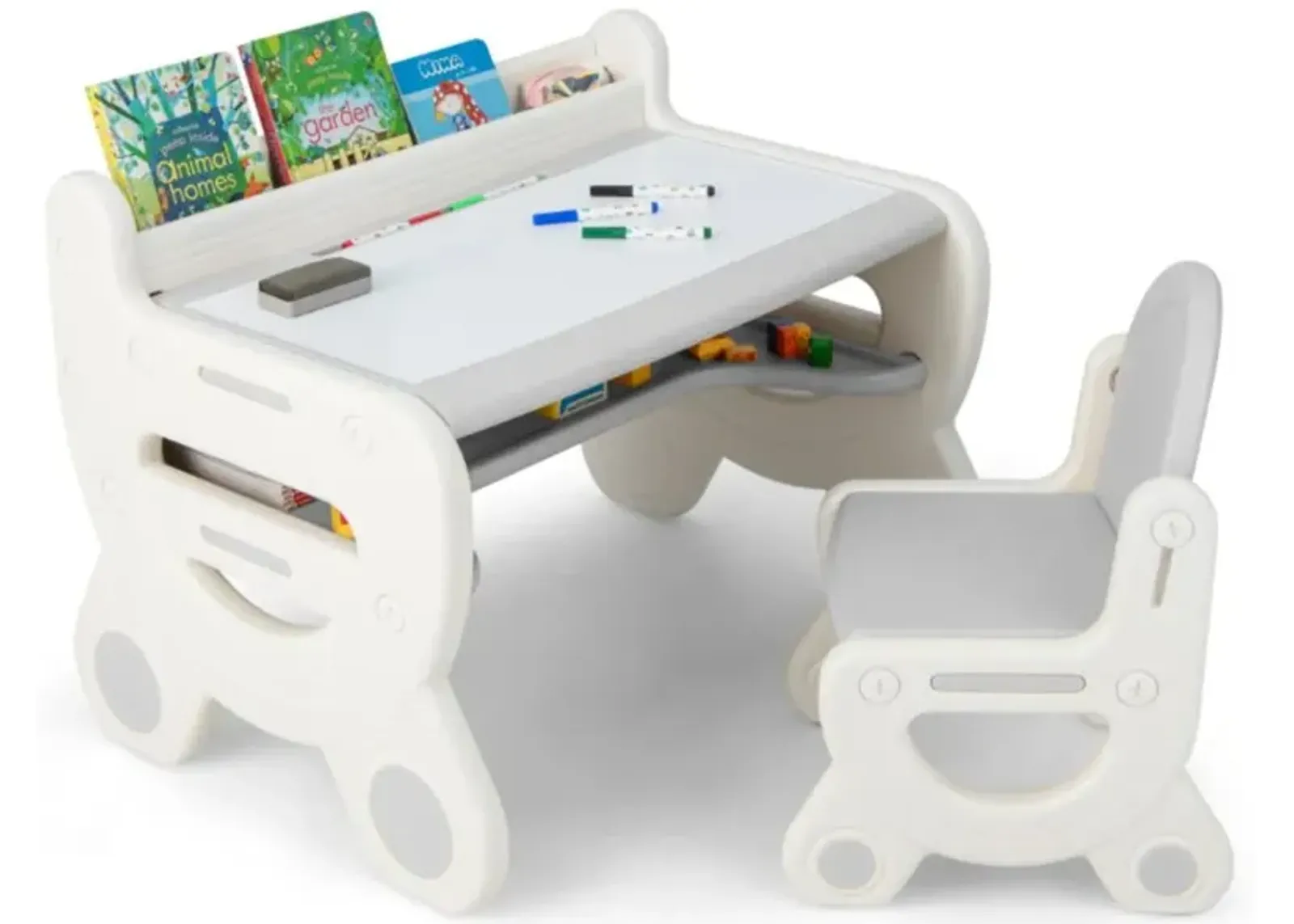 Hivvago Kids Drawing Table and Chair Set with Watercolor Pens and Blackboard Eraser-Gray