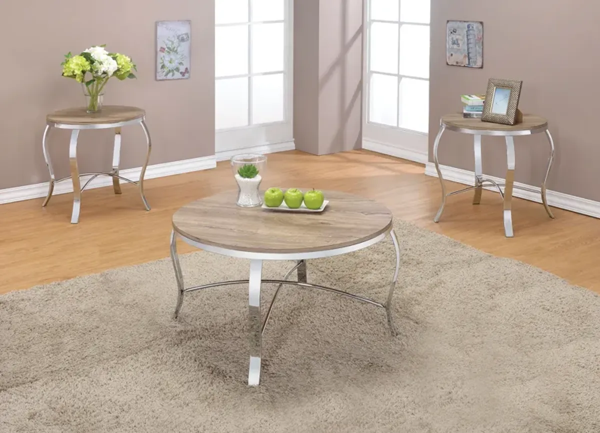 ACME Malai 3Pc Pack Coffee/End Table Set, Weathered Light Oak & Chrome