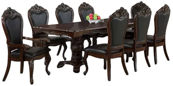 Zenie 9pc Dining Set, Classy Cherry Brown Wood Table, 8 Carved Chairs - Benzara