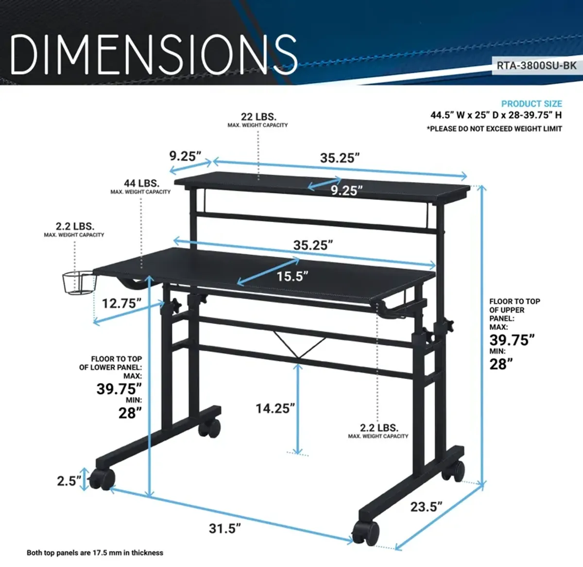 Rolling Writing Desk with Height Adjustable Desktop and Moveable Shelf, Black