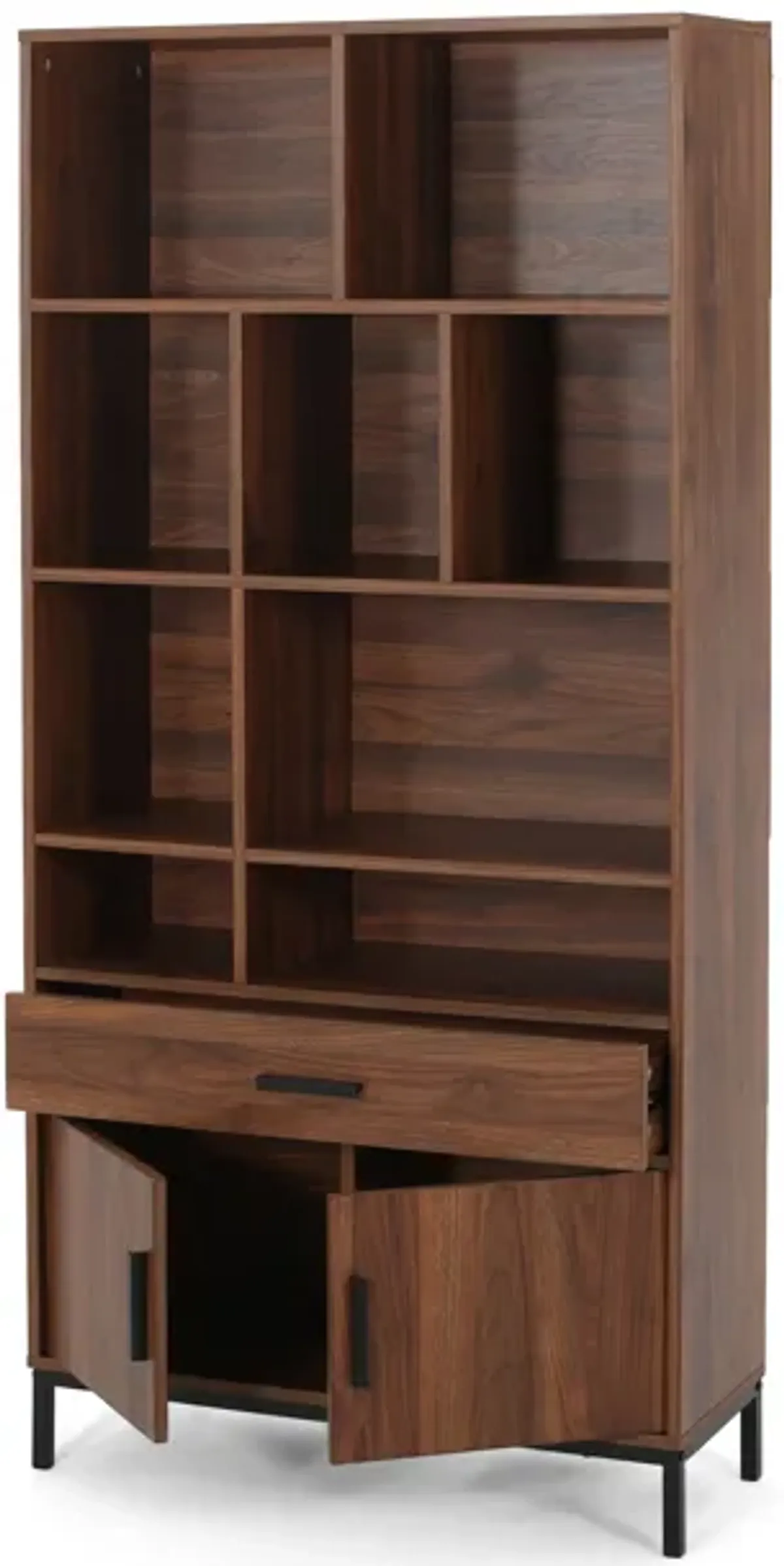 Eby Cube Bookcase, 9 Compartments, 1 Drawer, 1 Cabinet, Walnut Brown - Benzara