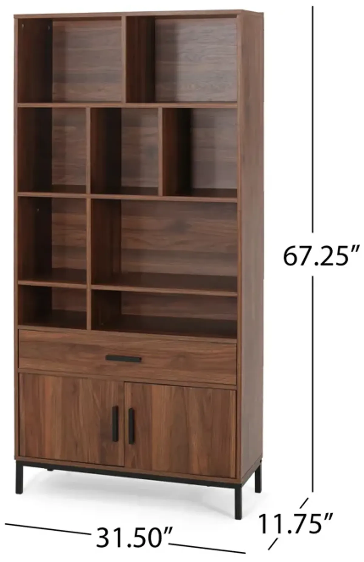 Eby Cube Bookcase, 9 Compartments, 1 Drawer, 1 Cabinet, Walnut Brown - Benzara