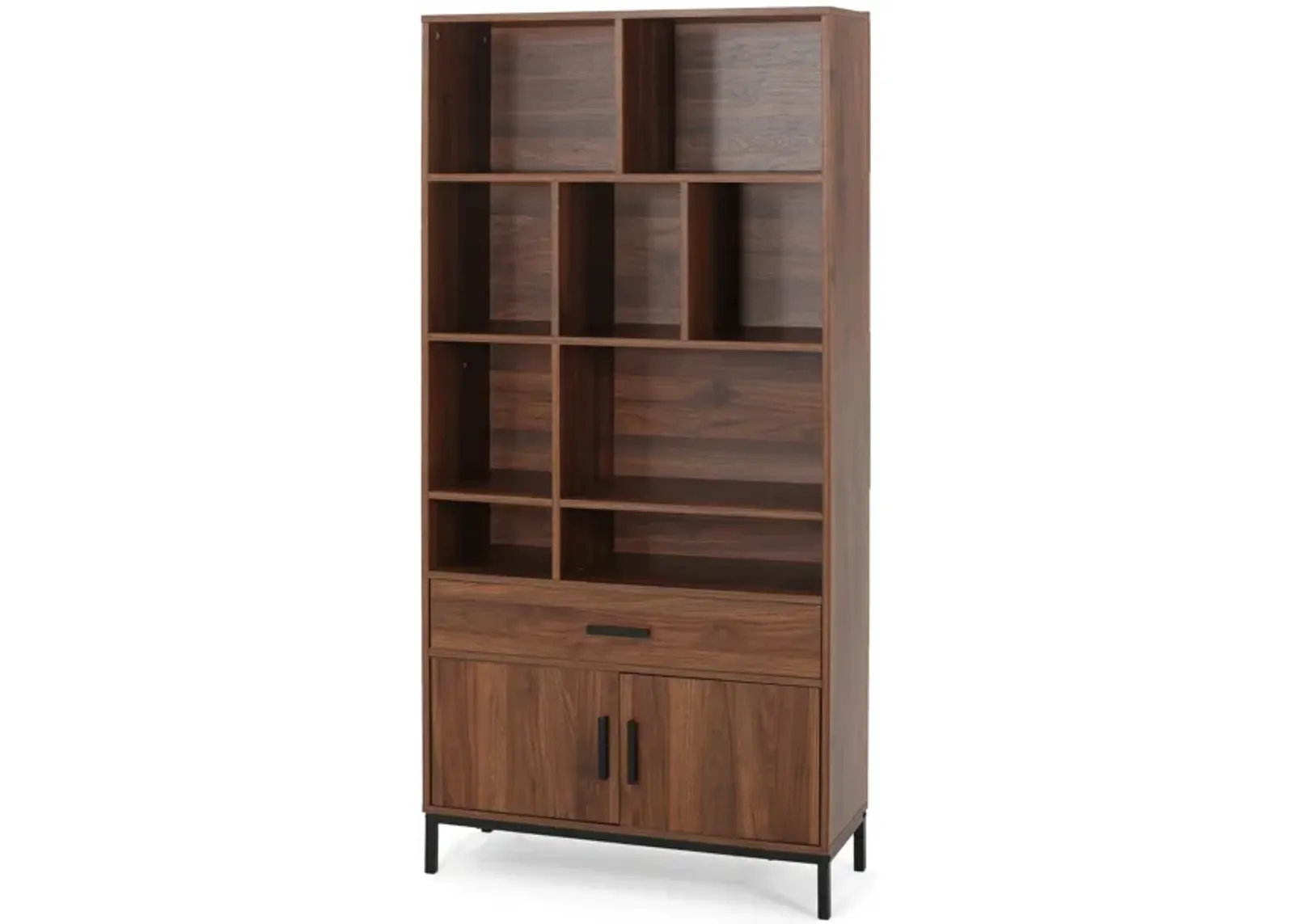 Eby Cube Bookcase, 9 Compartments, 1 Drawer, 1 Cabinet, Walnut Brown - Benzara