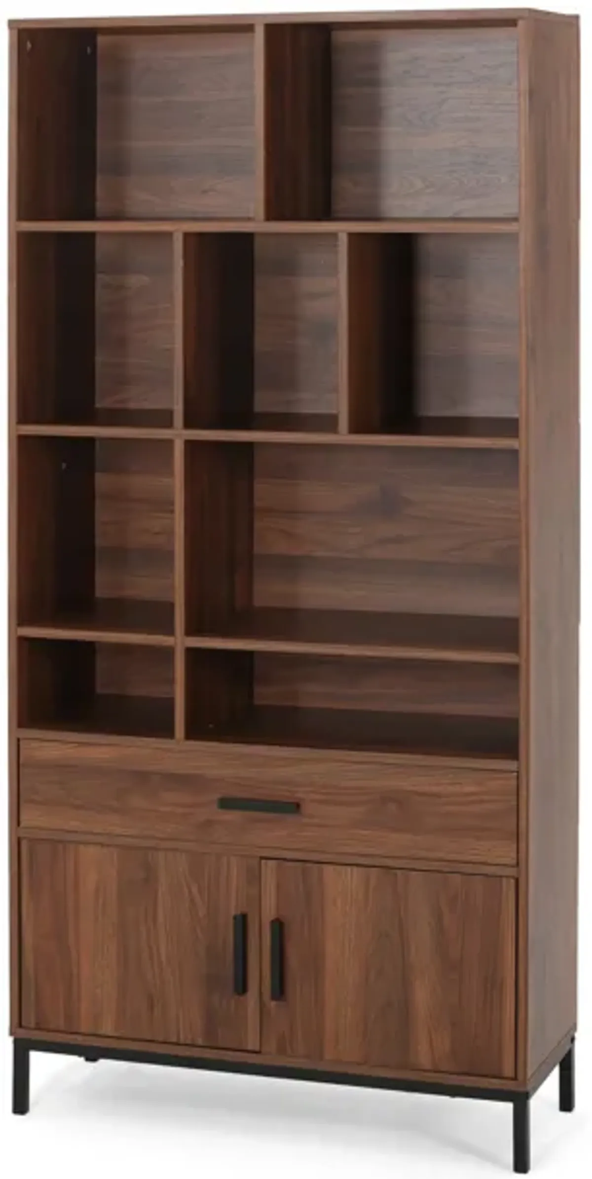 Eby Cube Bookcase, 9 Compartments, 1 Drawer, 1 Cabinet, Walnut Brown - Benzara