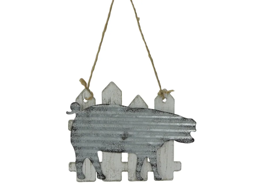 7" Country Rustic Pig and White Picket Fence Christmas Ornament