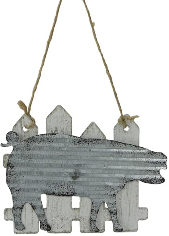 7" Country Rustic Pig and White Picket Fence Christmas Ornament