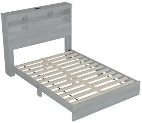 Vintage Platform Bed with Storage Headboard and Built-in Charging Station
