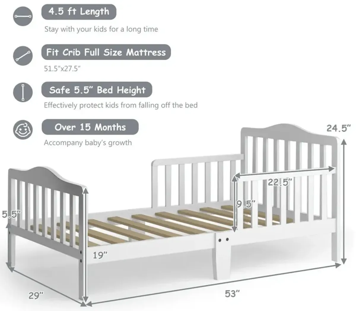 Classic Design Kids Wood Toddler Bed Frame with Two Side Safety Guardrails