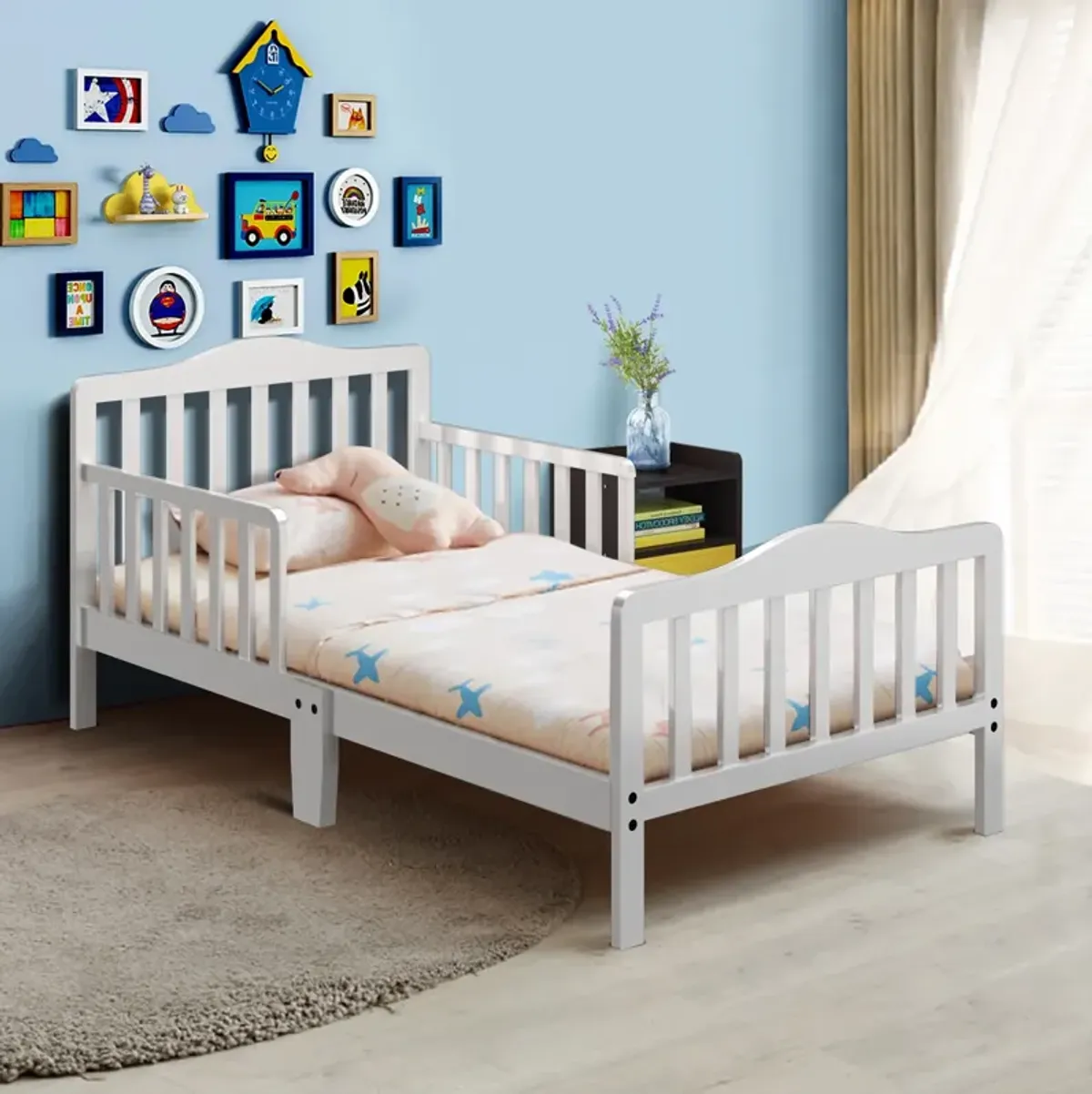 Classic Design Kids Wood Toddler Bed Frame with Two Side Safety Guardrails