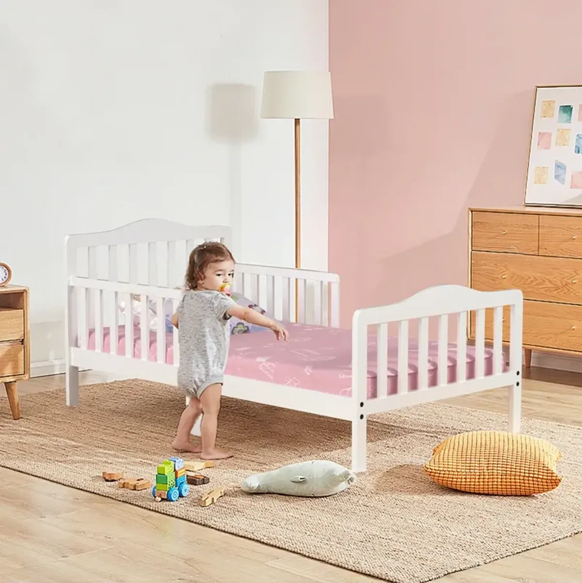 Classic Design Kids Wood Toddler Bed Frame with Two Side Safety Guardrails