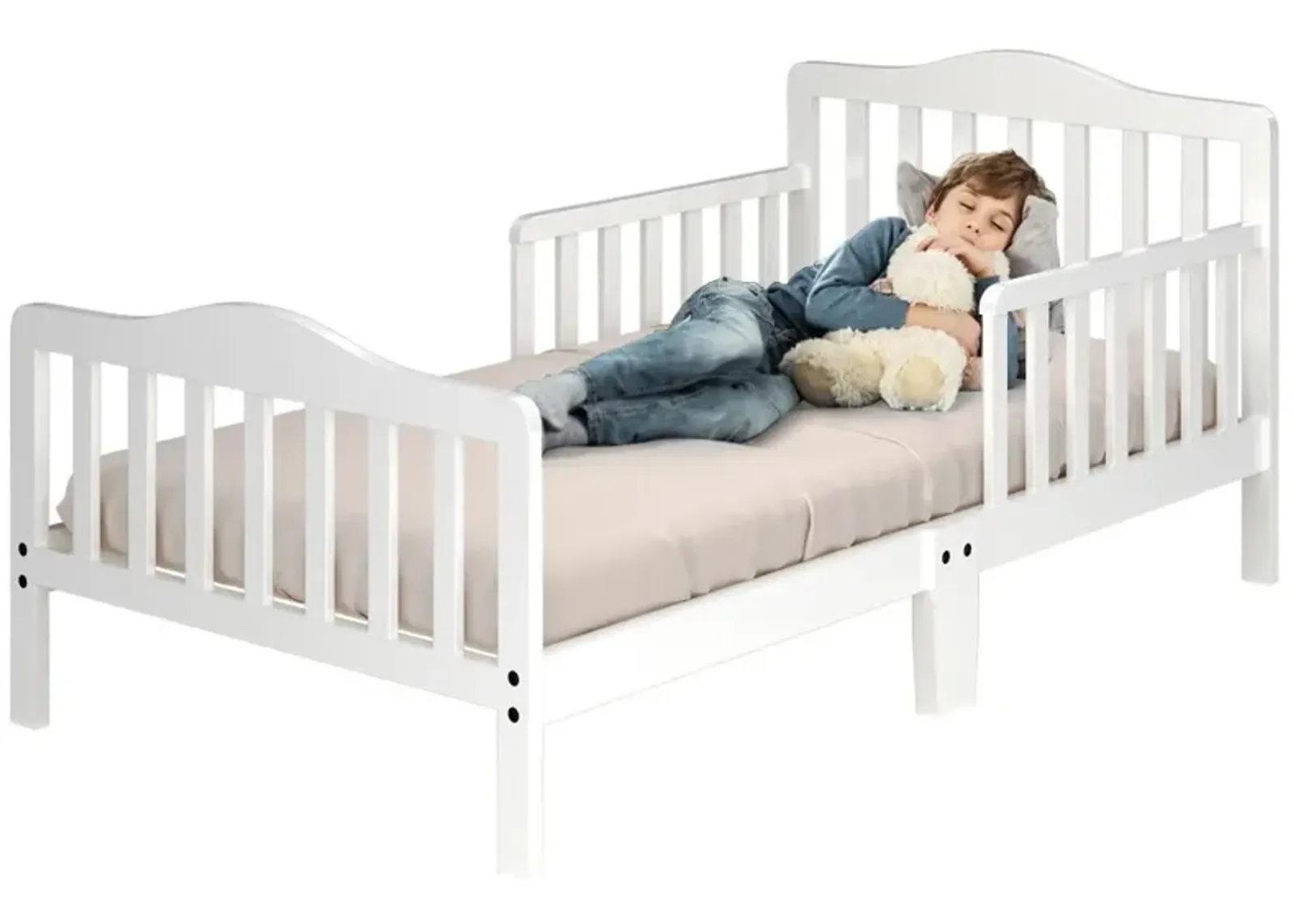 Classic Design Kids Wood Toddler Bed Frame with Two Side Safety Guardrails