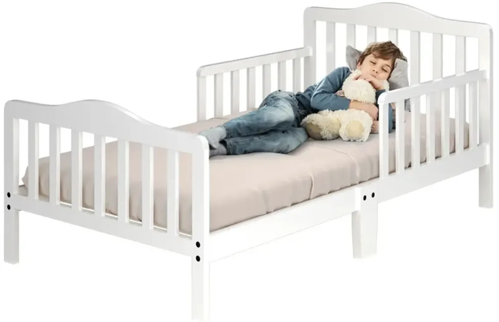 Classic Design Kids Wood Toddler Bed Frame with Two Side Safety Guardrails