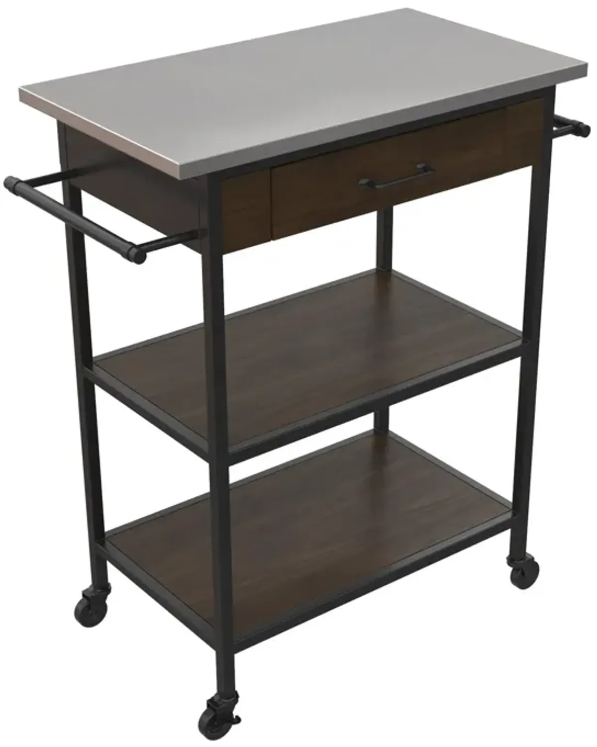 Kane Kitchen Cart with Black Metal Frame and Stainless Steel Top, Brown