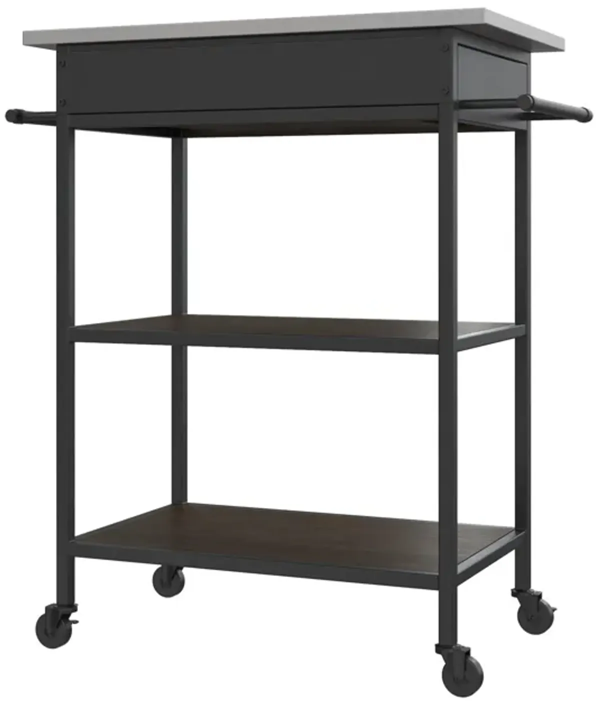 Kane Kitchen Cart with Black Metal Frame and Stainless Steel Top, Brown