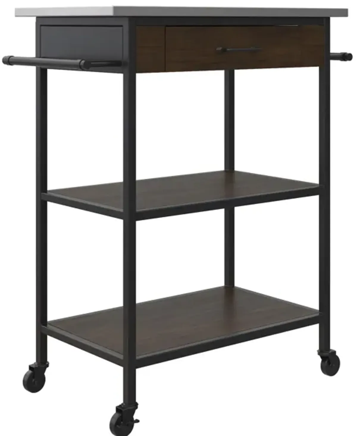 Kane Kitchen Cart with Black Metal Frame and Stainless Steel Top, Brown