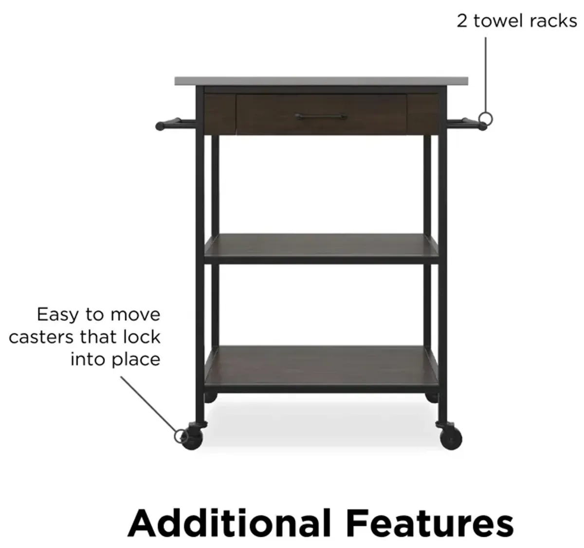 Kane Kitchen Cart with Black Metal Frame and Stainless Steel Top, Brown