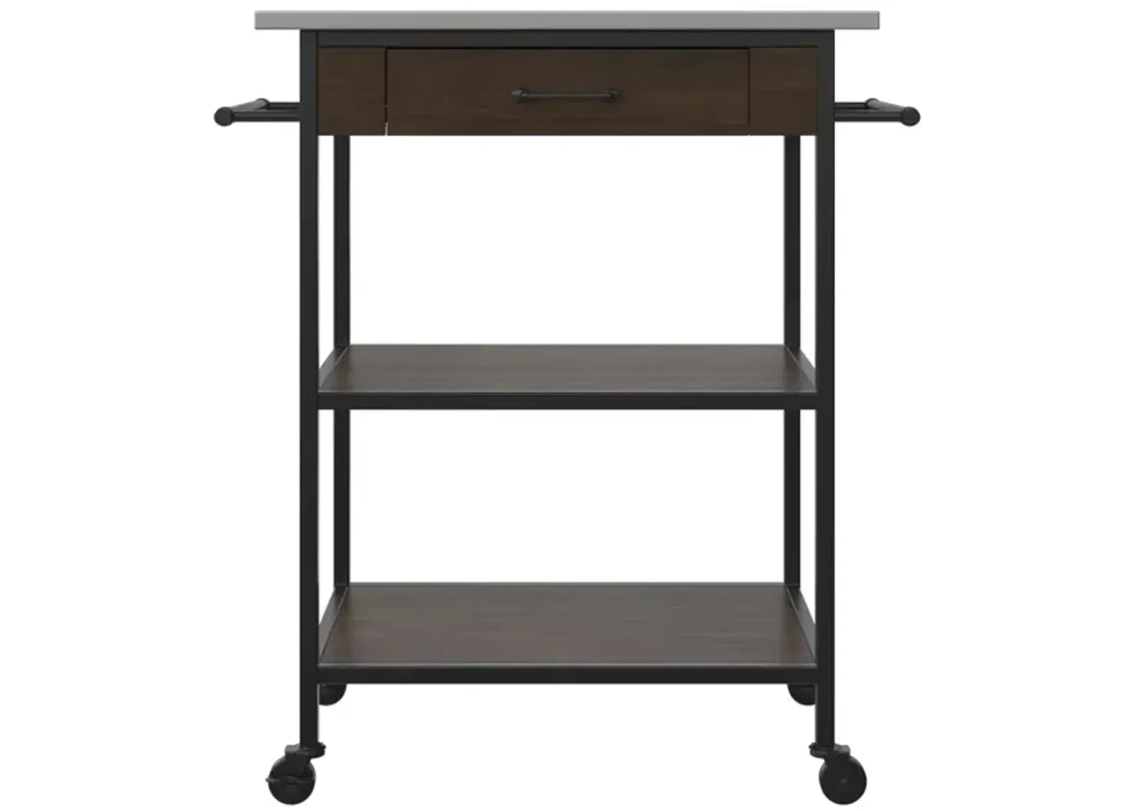 Kane Kitchen Cart with Black Metal Frame and Stainless Steel Top, Brown