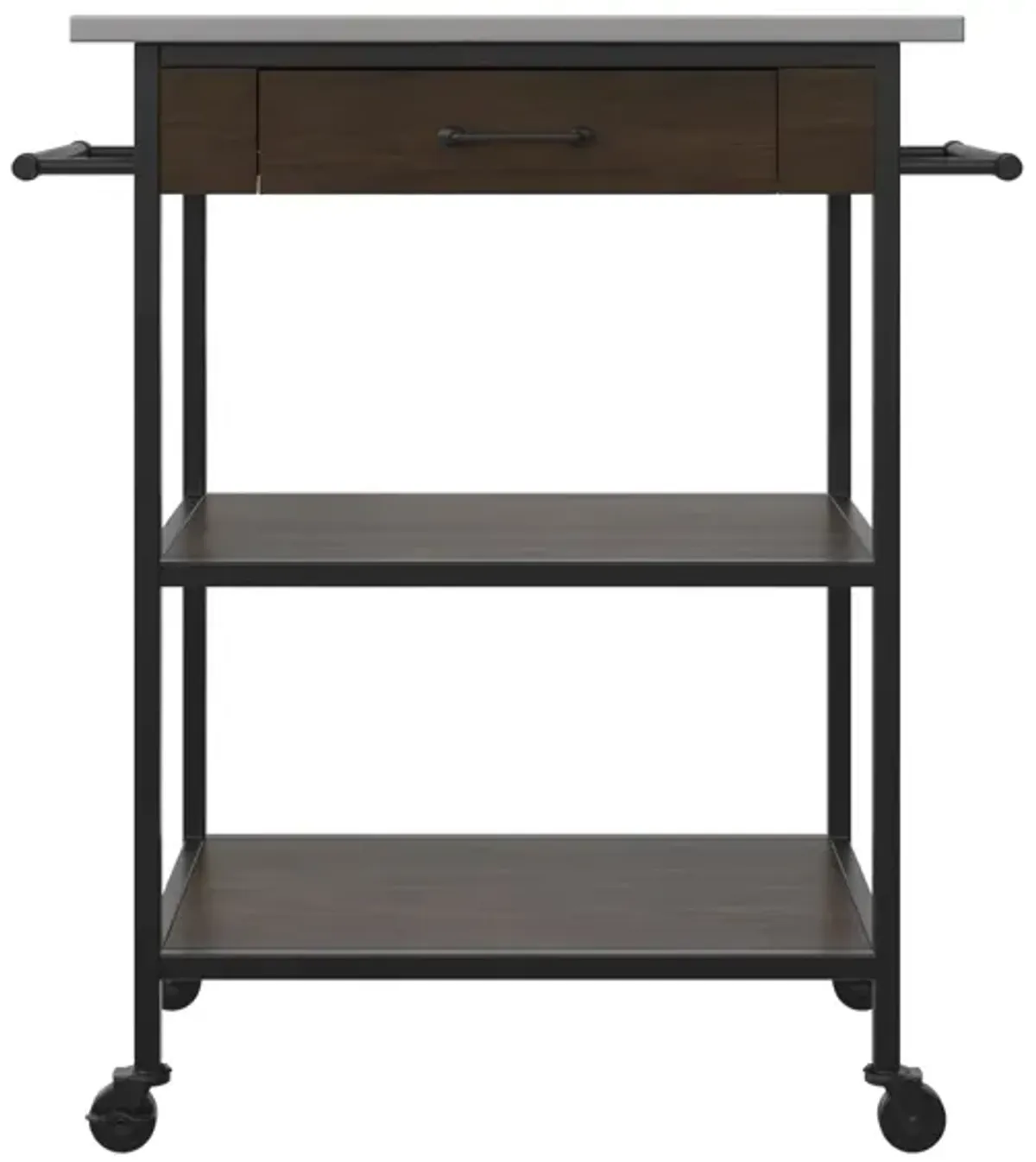 Kane Kitchen Cart with Black Metal Frame and Stainless Steel Top, Brown