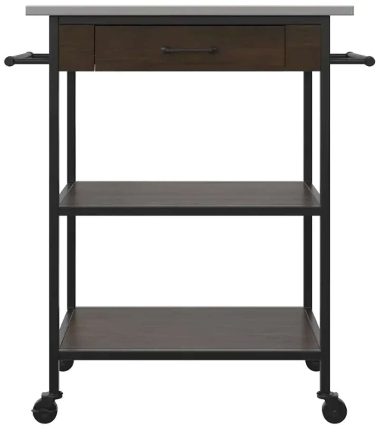 Kane Kitchen Cart with Black Metal Frame and Stainless Steel Top, Brown