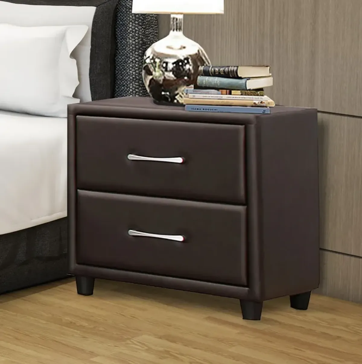 2 Drawer Nightstand In Wood And PVC, Black-Benzara