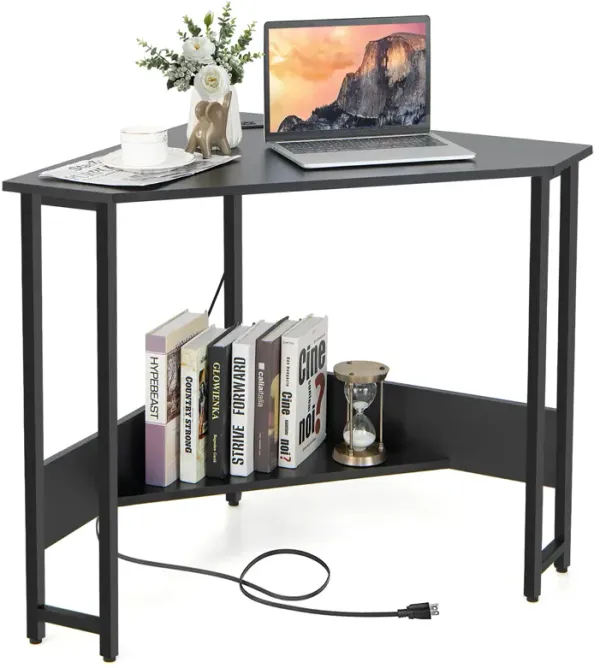 Costway Triangle Computer Desk Corner Desk Home Office w/Power Outlets USB Ports Black