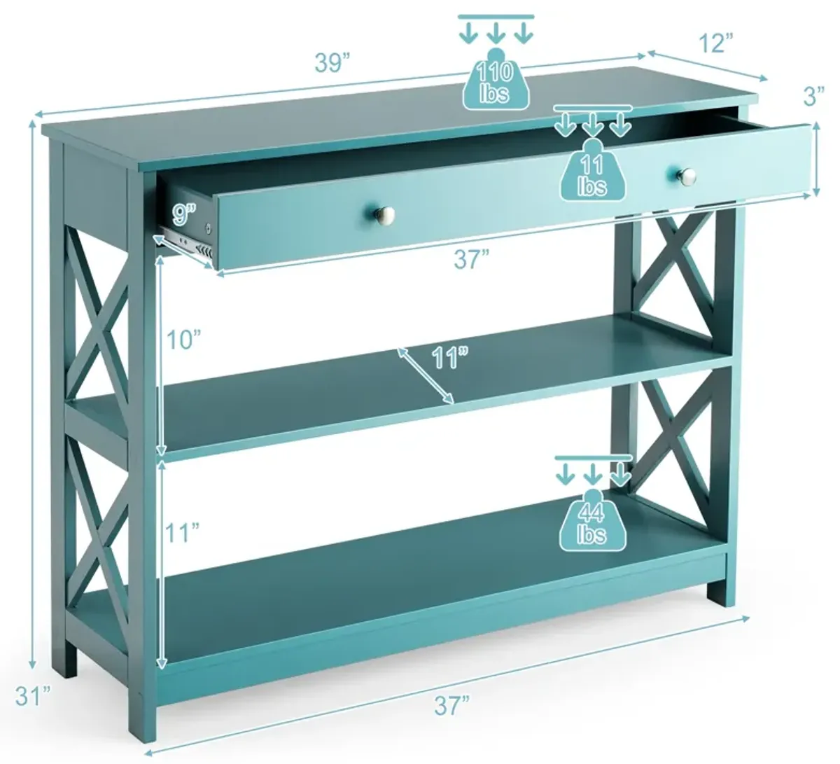 Console Table 3-Tier with Drawer and Storage Shelves