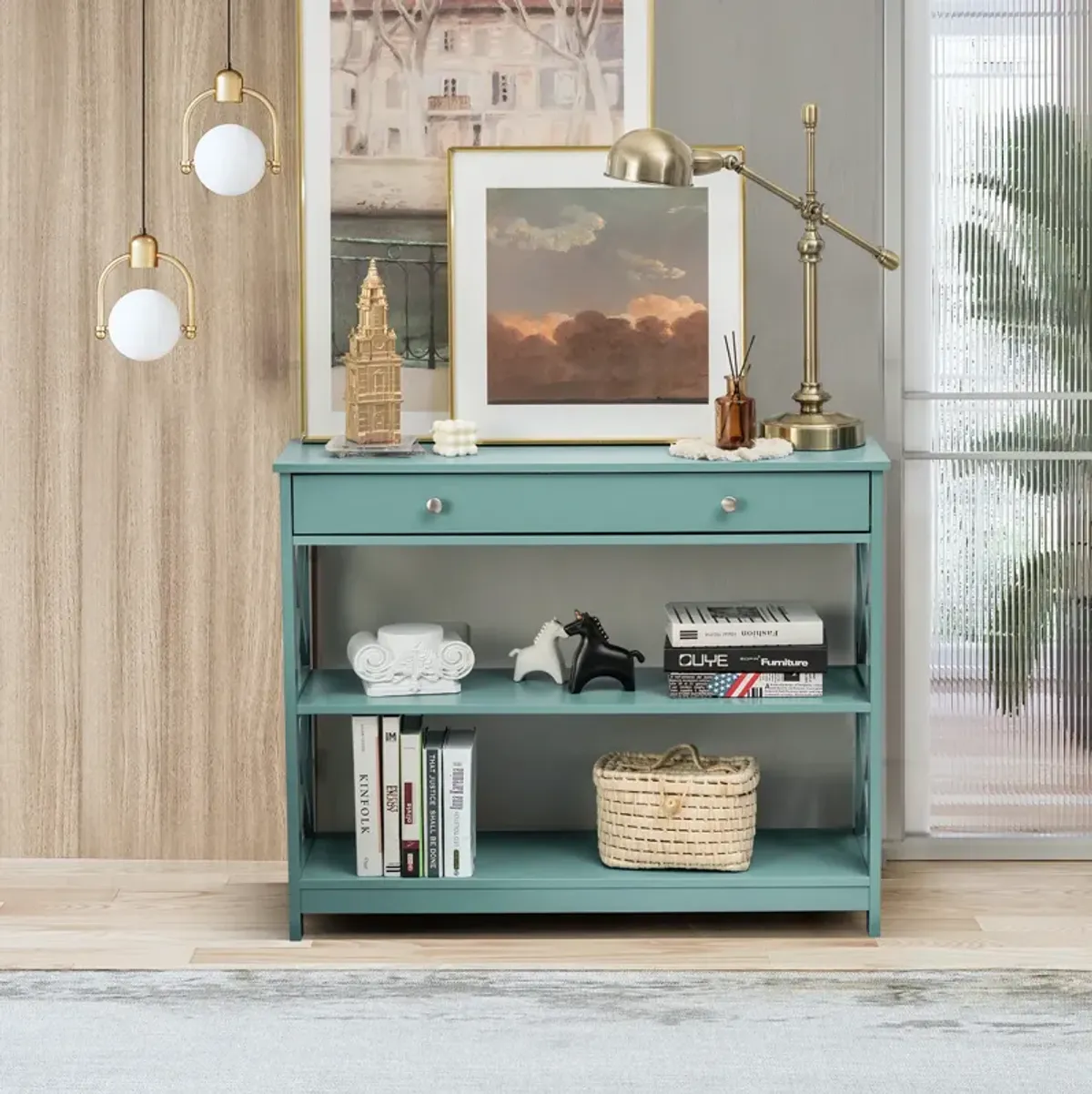 Console Table 3-Tier with Drawer and Storage Shelves