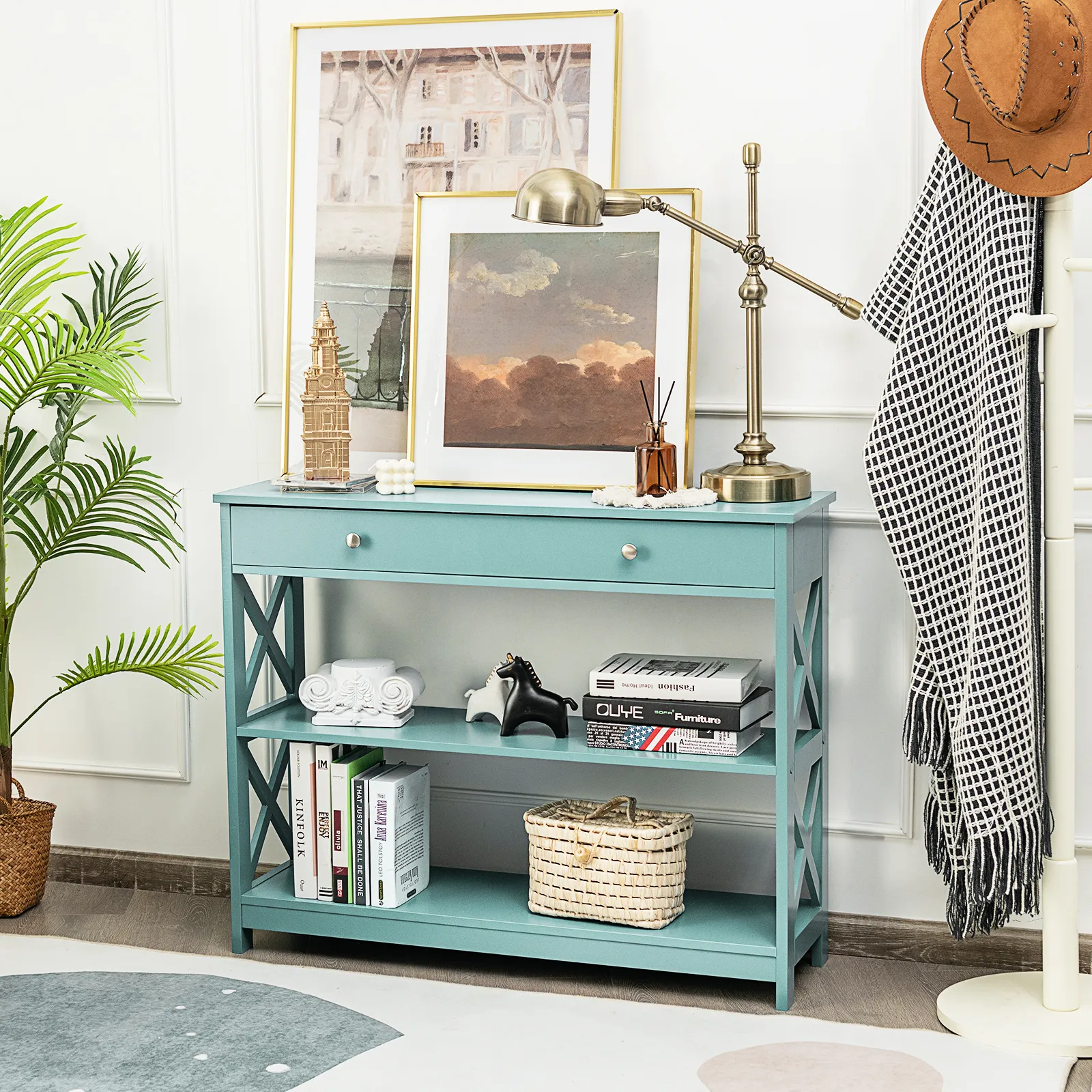 Console Table 3-Tier with Drawer and Storage Shelves