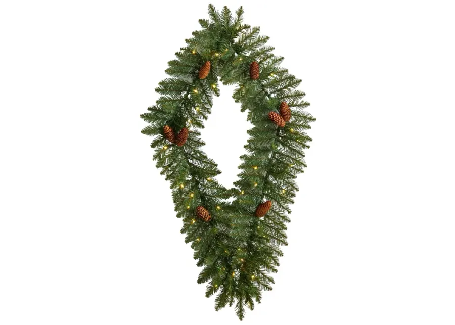 HomPlanti 3' Holiday Christmas Geometric Diamond Wreath with Pinecones and 50 Warm White LED Lights