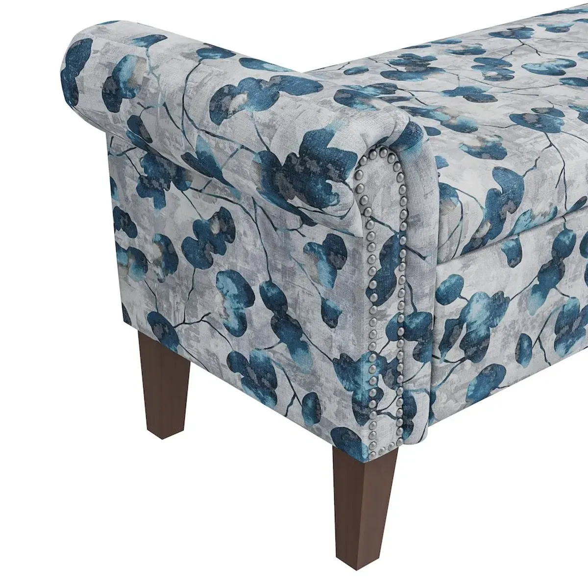 HL Home Furnishings Rolled Arm Storage Ottoman in Blue Floral Bonsai