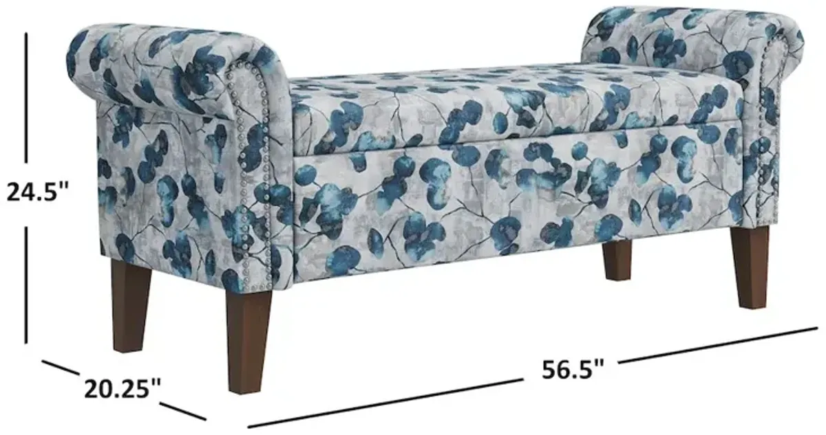 HL Home Furnishings Rolled Arm Storage Ottoman in Blue Floral Bonsai