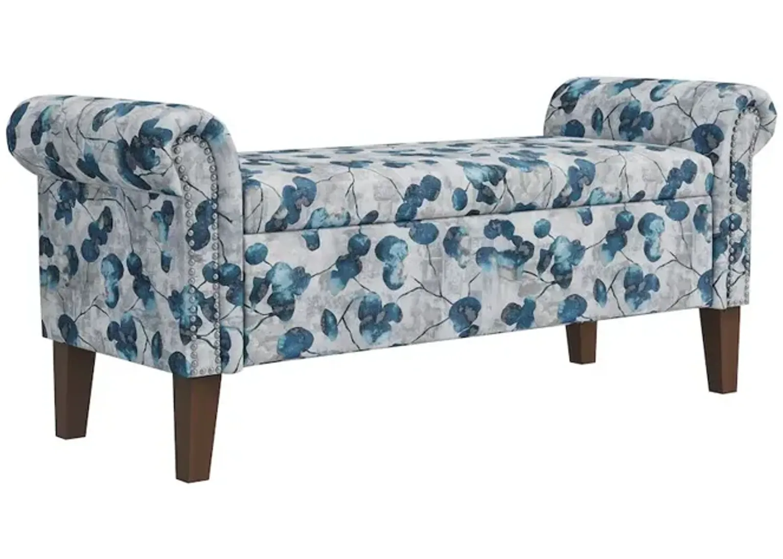 HL Home Furnishings Rolled Arm Storage Ottoman in Blue Floral Bonsai