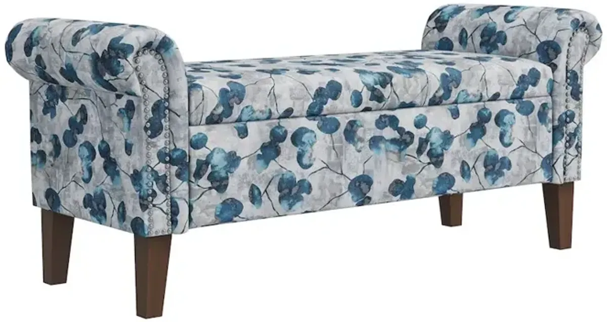 HL Home Furnishings Rolled Arm Storage Ottoman in Blue Floral Bonsai