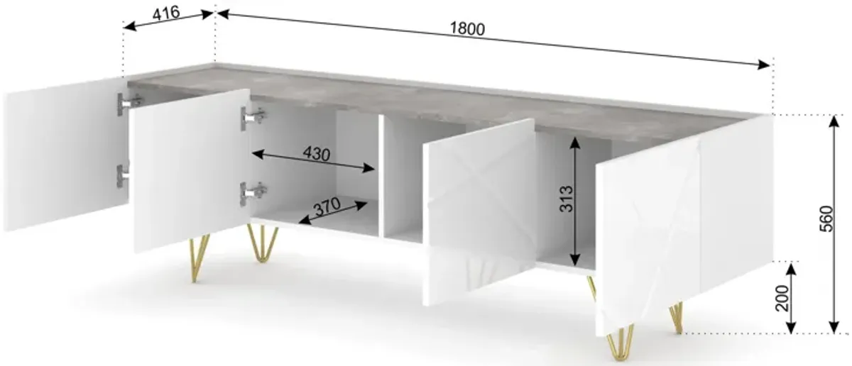 TV Stand SPACE 70.87 in 4D - Black High Gloss - Gold Legs