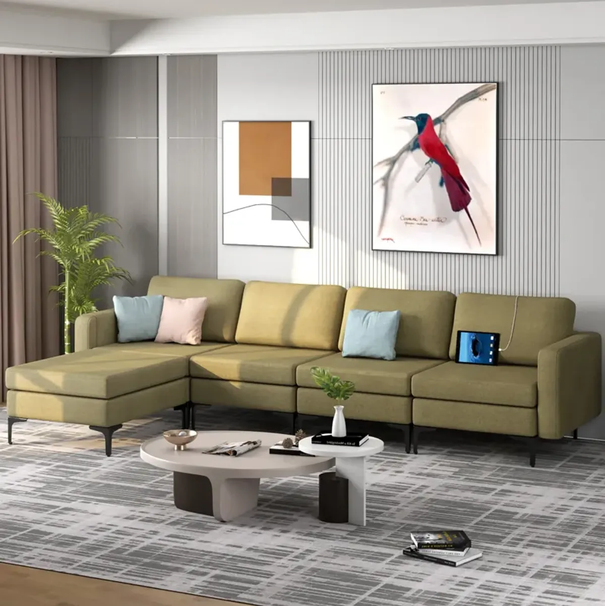 Costway Modular L-shaped Sectional Sofa w/ Reversible Chaise & 2 USB Ports