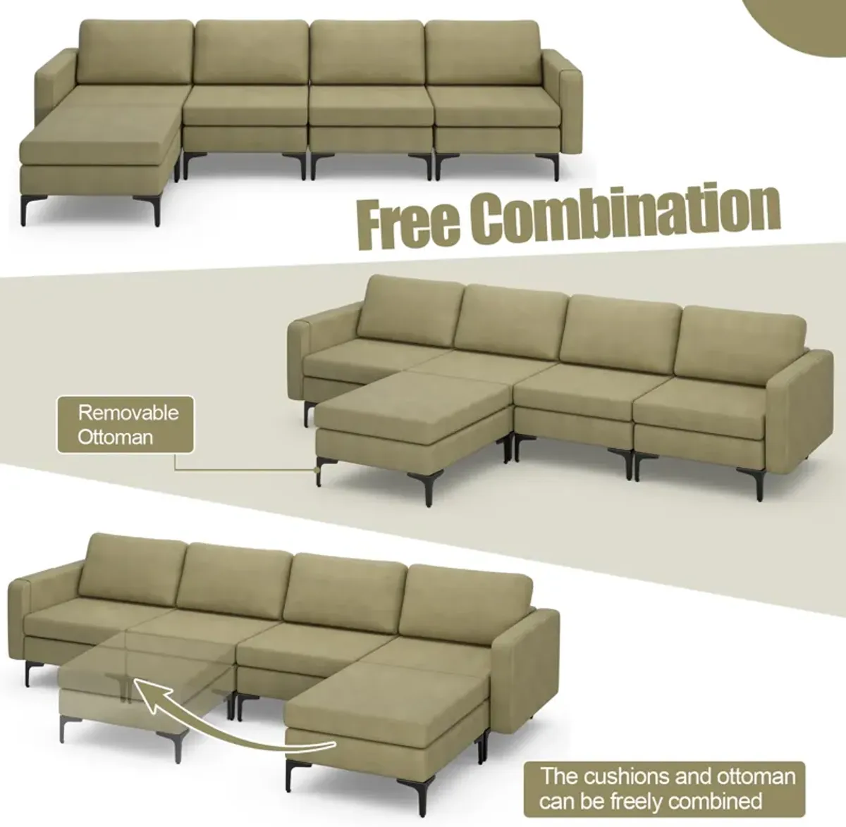 Costway Modular L-shaped Sectional Sofa w/ Reversible Chaise & 2 USB Ports