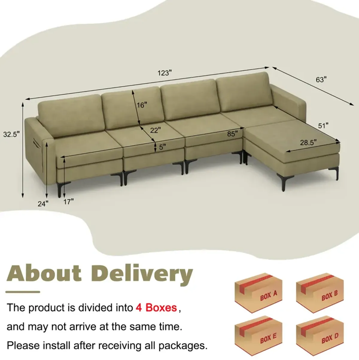 Costway Modular L-shaped Sectional Sofa w/ Reversible Chaise & 2 USB Ports