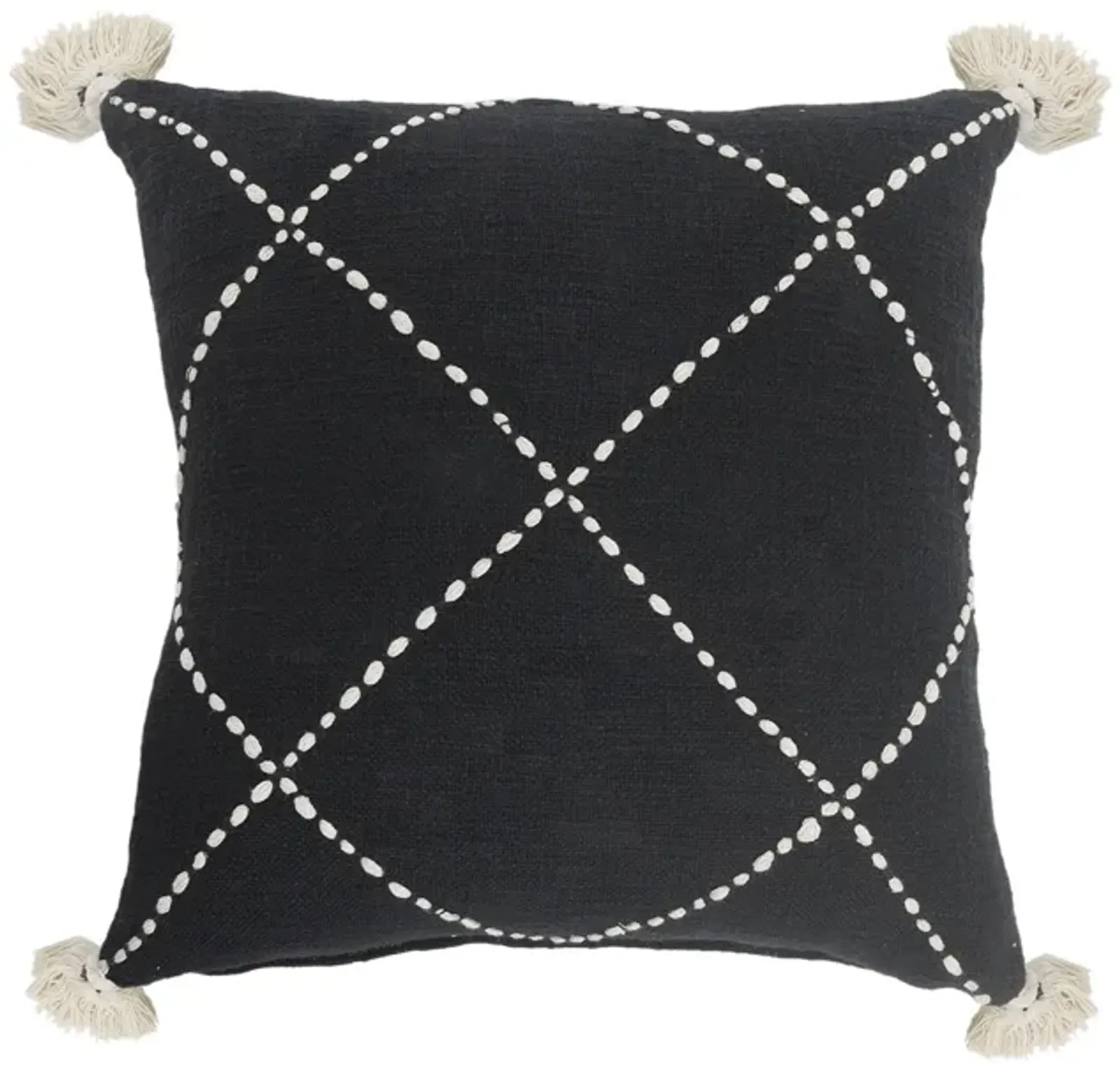 20" Black and White Geometric Tasseled Square Throw Pillow