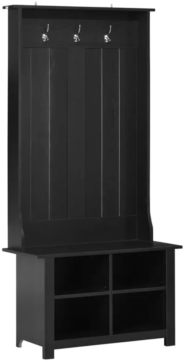 Black Entryway Storage: Hall Tree with Shoe Bench & Coat Rack