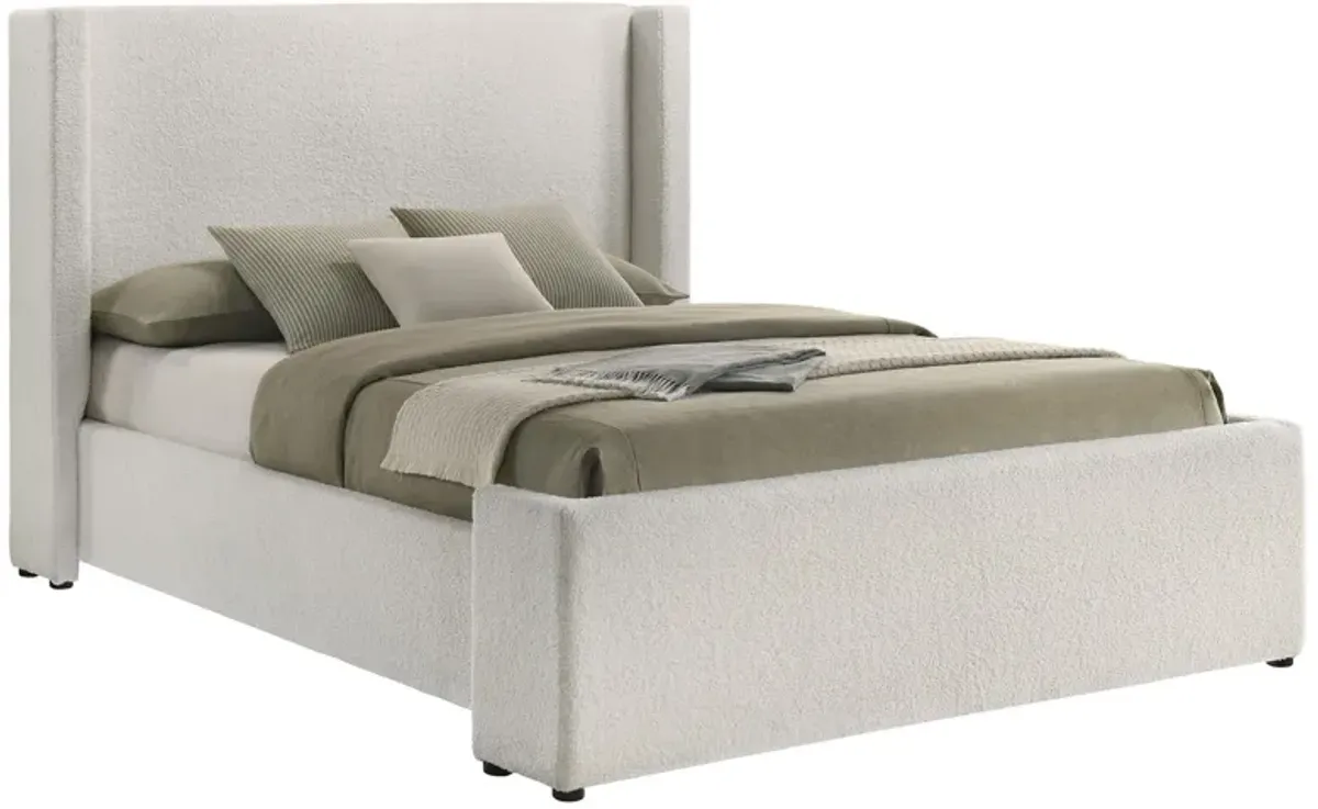 Mosy Queen Platform Bed, White Boucle Upholstered Wingback Headboard - Benzara