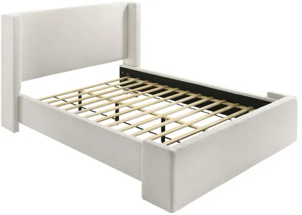 Mosy Queen Platform Bed, White Boucle Upholstered Wingback Headboard - Benzara