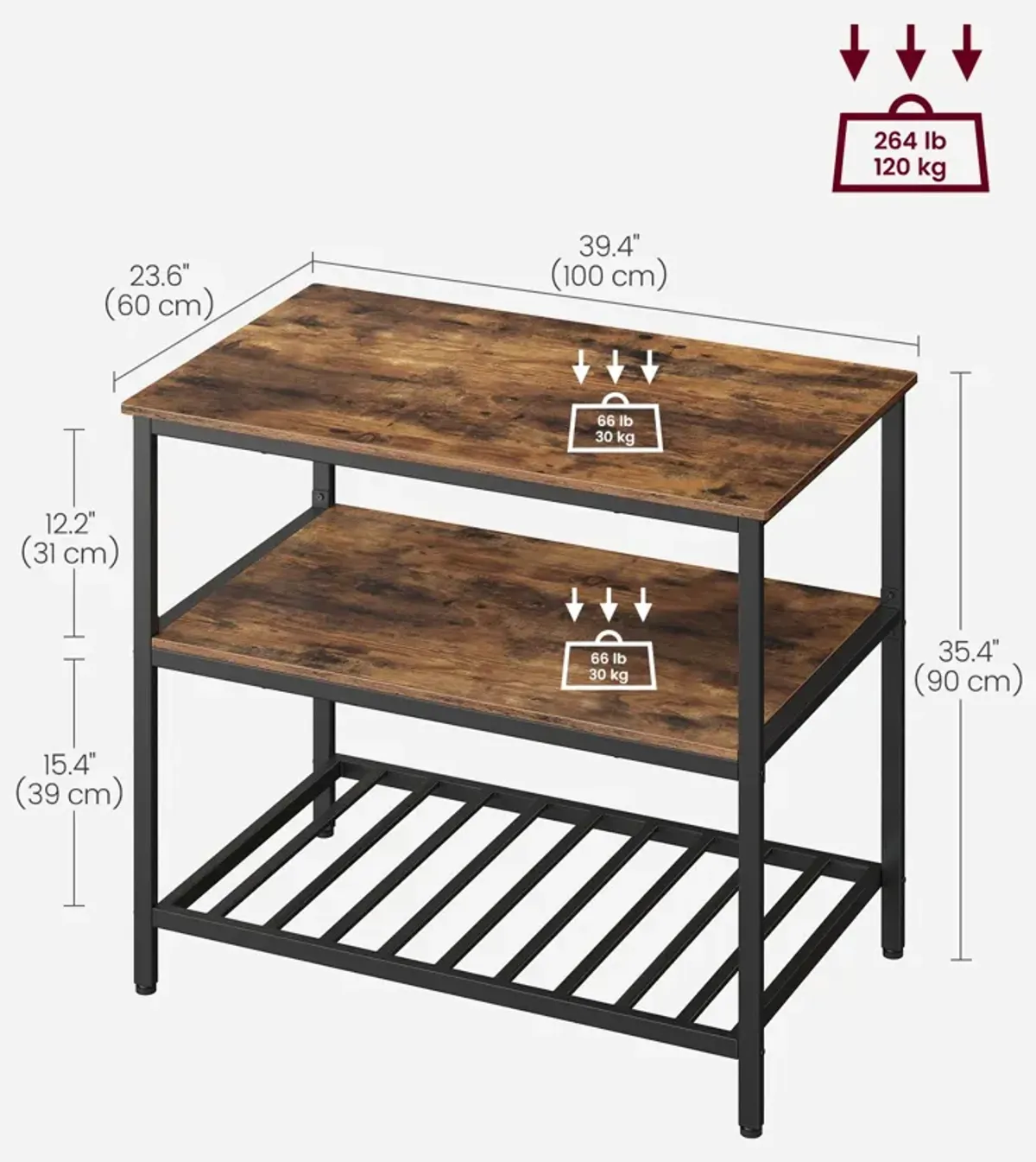 Kitchen Island with 3 Shelves & Large Worktop