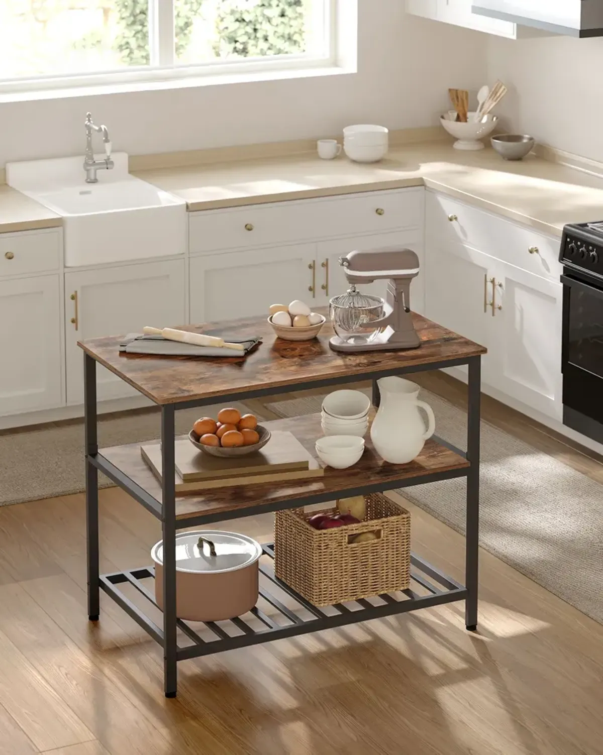 Kitchen Island with 3 Shelves & Large Worktop