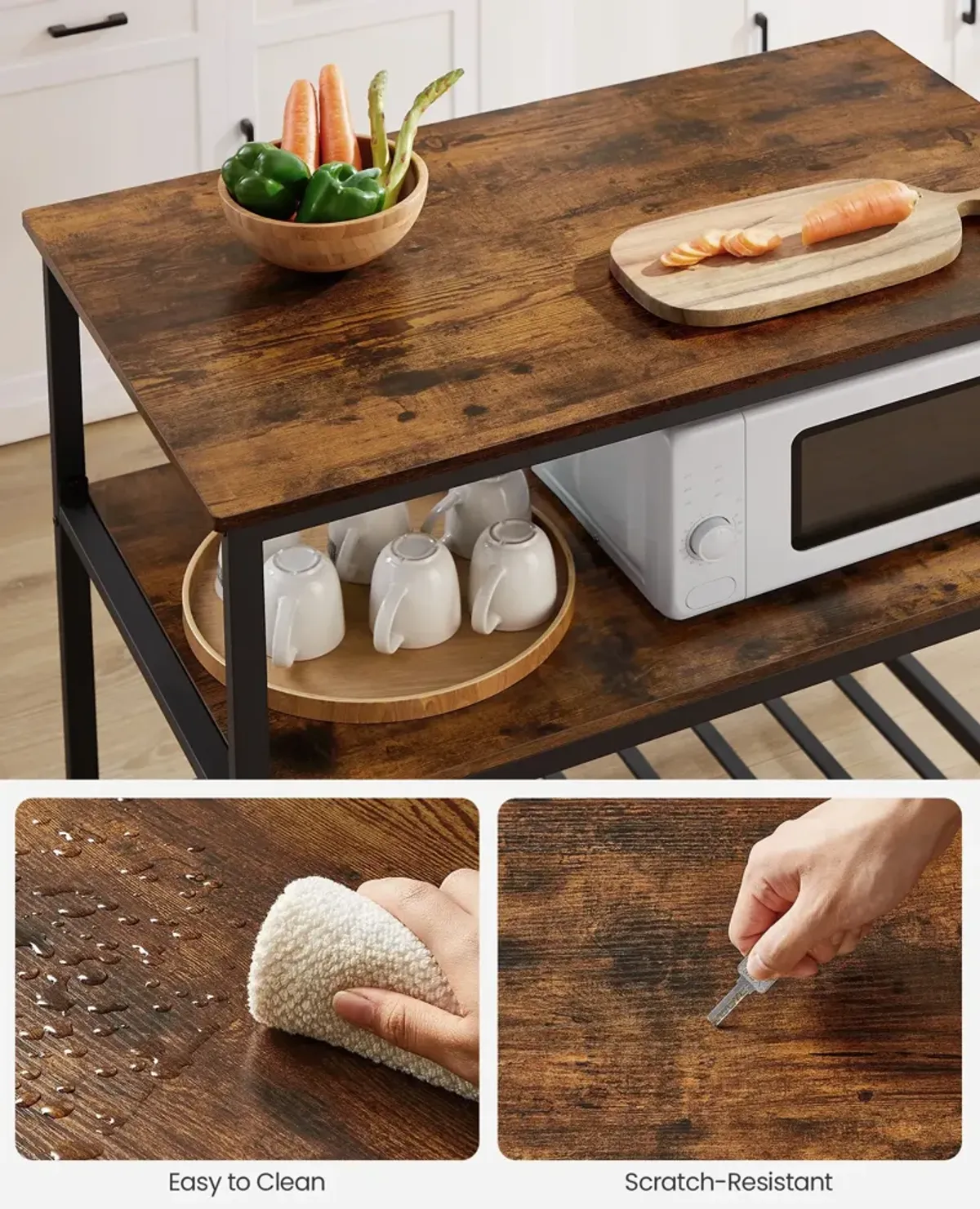 Kitchen Island with 3 Shelves & Large Worktop