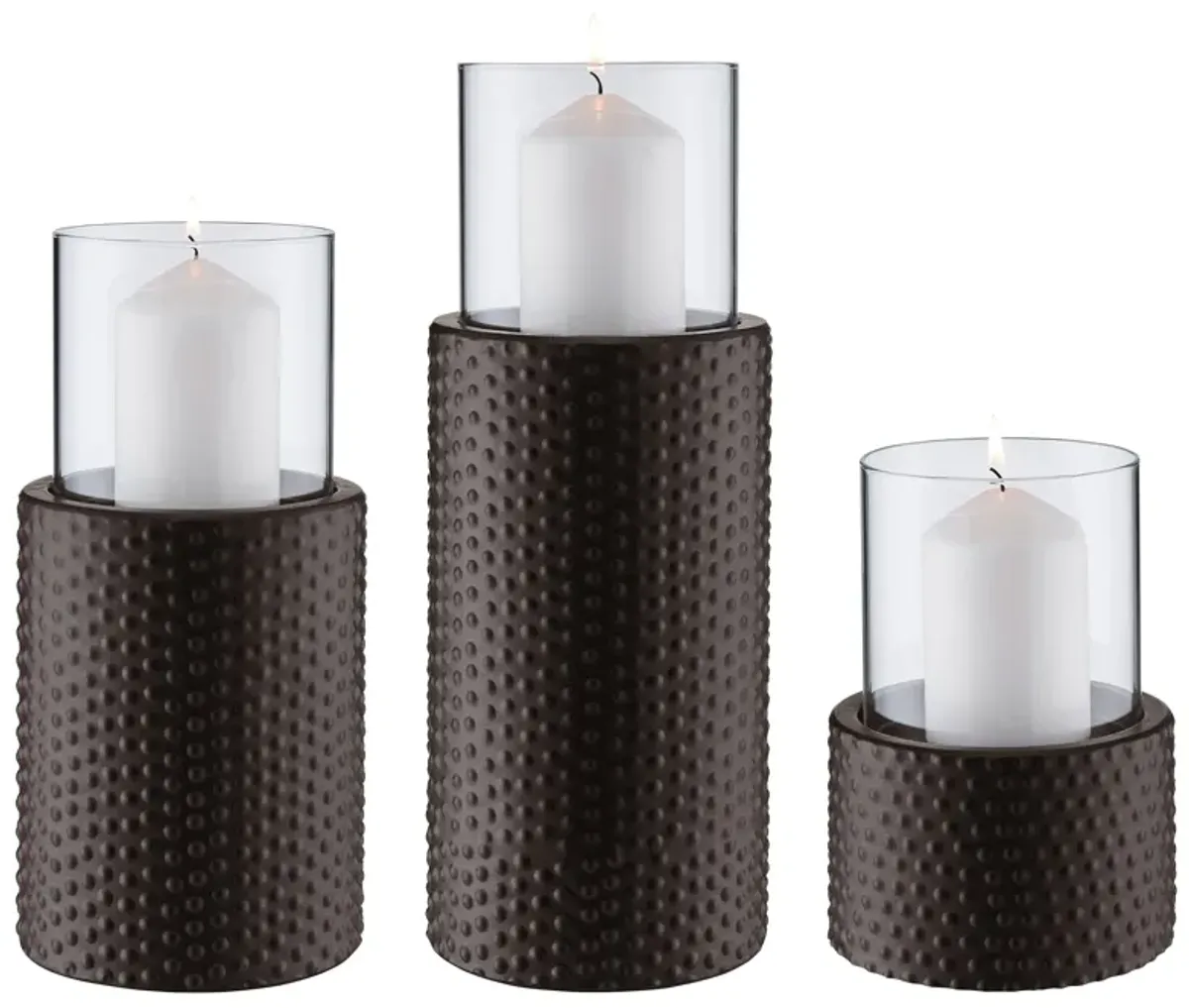 Danya B. Contemporary Candle Holder Set (3) With Clear Glass Hurricanes And Textured Metal Base