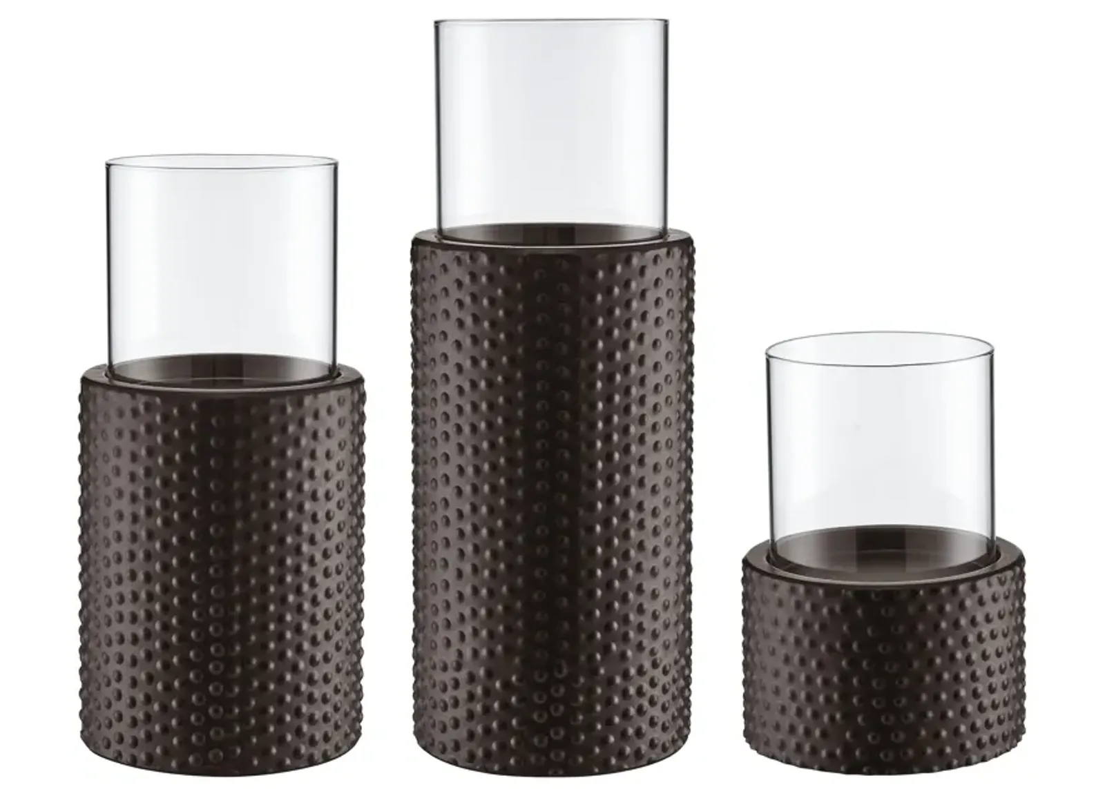 Danya B. Contemporary Candle Holder Set (3) With Clear Glass Hurricanes And Textured Metal Base