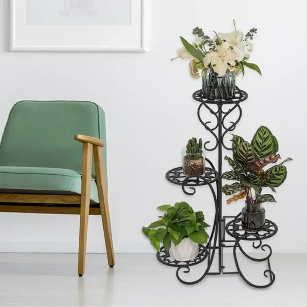 4-Tier Metal Plant Stand, Round Flower Pot Holder for Indoor & Outdoor Garden